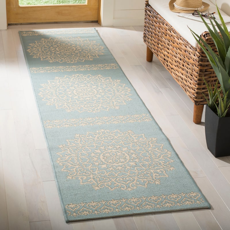 SAFAVIEH Linden Sotira Indoor/ Outdoor Waterproof Patio Backyard Rug - 2'2" x 8' Runner - Cream/Aqua