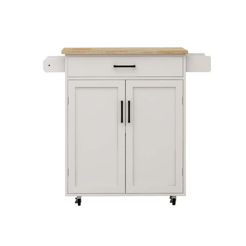 White Farmhouse Kitchen Island Cart with Drawer, Adjustable Shelves & Wheels