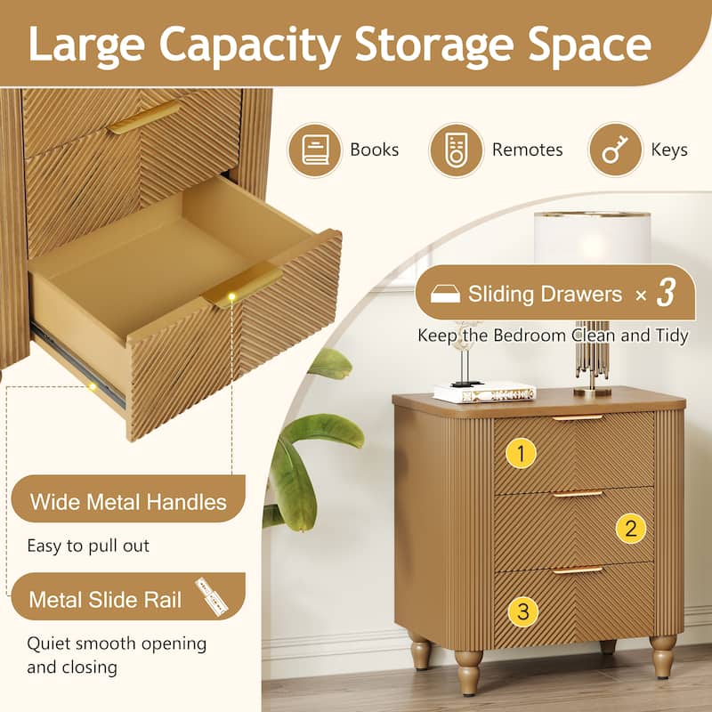 Mid-Century Fluted 3-Drawer Nightstand - Curved Profile + Gold Glossy Handles, Easy Assembly (Natural)