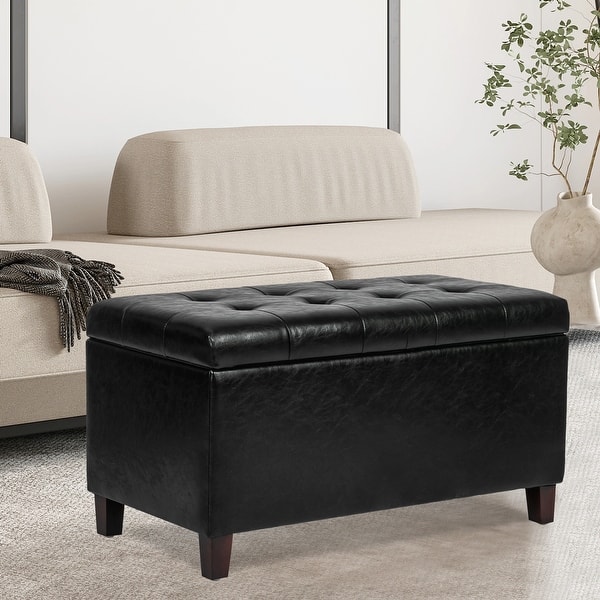 slide 2 of 16, Adeco Rectangular Storage Ottoman Faux Leather Bench Lift-top Footrest Black-Faux-Leather
