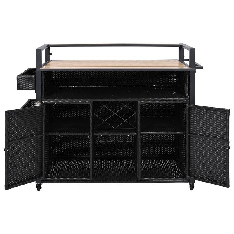 52.8"W Wicker Outdoor Grill cart with Extended Plastic Wood Table Top, Rolling Kitchen Island on Wheels with Storage Cabinet