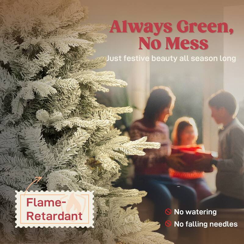 HOMCOM 6 ft Artificial Frosted Christmas Tree with Realistic Branches, Wide Full Spruce Holiday Decor, Hinged Xmas Tree