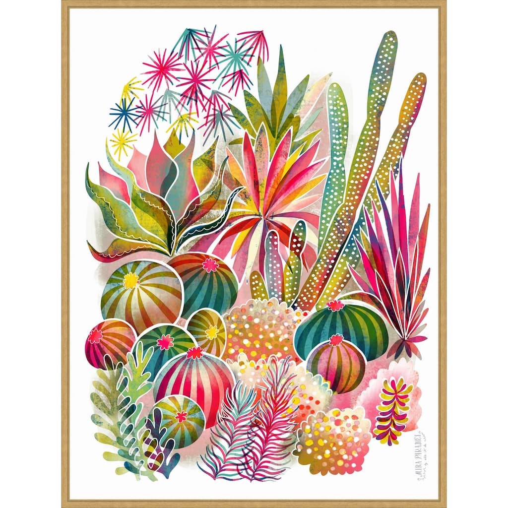Flowering Succulent and Cacti Garden by Uta Krogmann Framed Canvas Wall Art Print - Sylvie Bright Gold