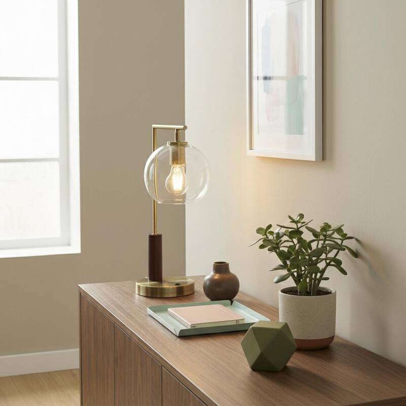 Gibbs Globe Table Lamp with Clear Glass Shade and Rubber Wood Base