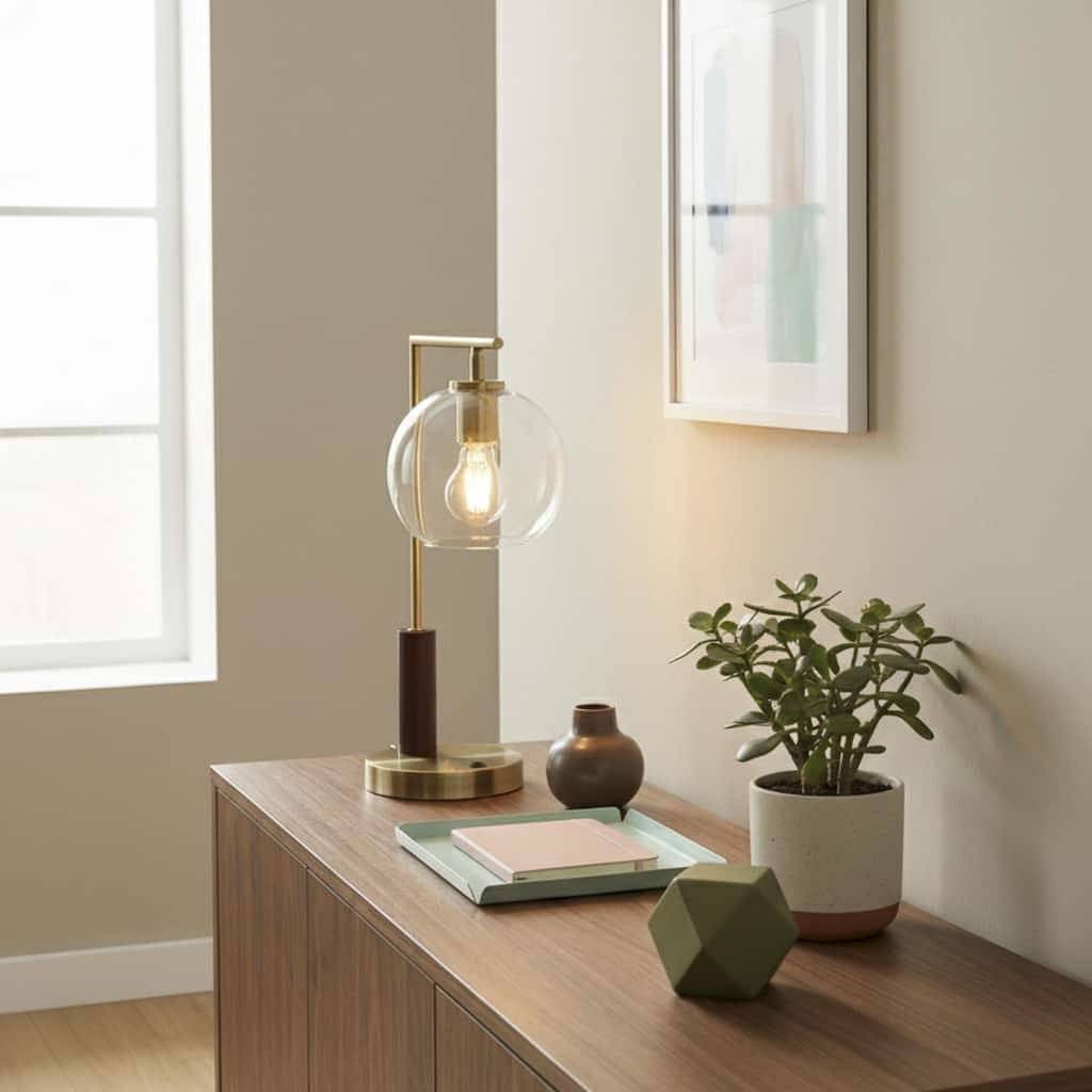 Gibbs Globe Table Lamp with Clear Glass Shade and Rubber Wood Base