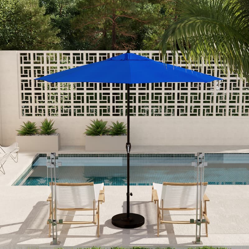 California Umbrella 9' Round Crank Lift Auto Tilt 8 Rib Aluminum Patio Umbrella, Bronze Finish Olefin - Royal Blue