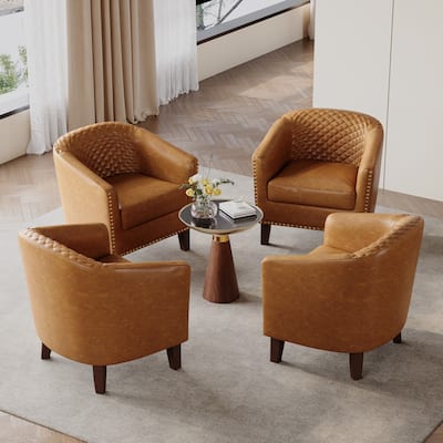Axia 4 Set Modern Faux Leather Barrel Accent Chair with Wood Legs