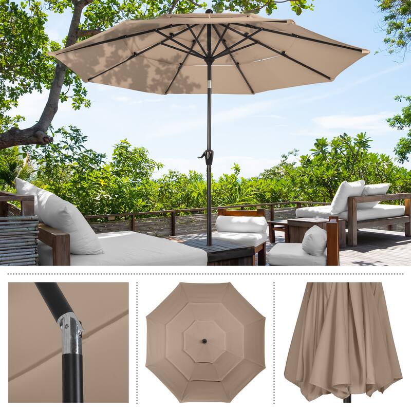 10 ft Patio Umbrella, 3-Tiered Sunshade with Push Button Tilt and Easy-Open Crank, Outdoor Umbrella for Deck, Yard