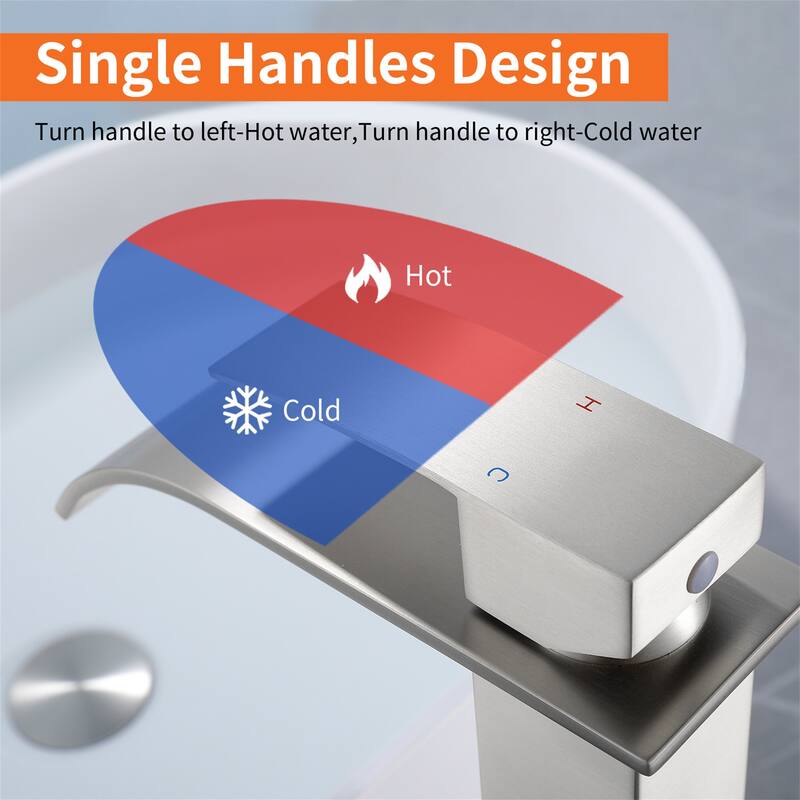 Single Handle Waterfall Bathroom Vessel Sink Faucet with Pop-up Drain 304 Stainless Steel 1 Hole High Tall Basin Vanity Faucets