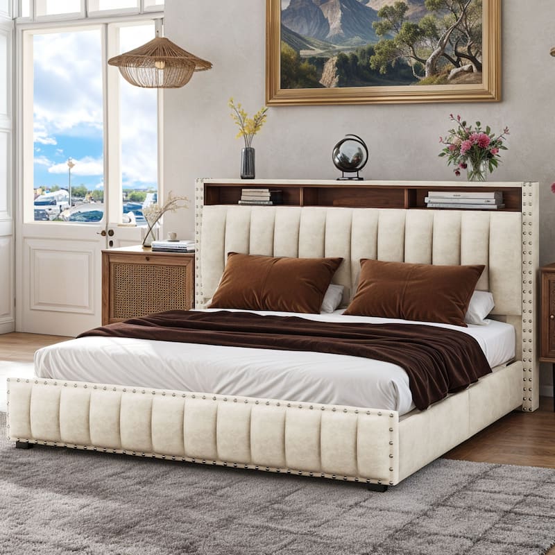 Moasis King Bed Upholstered Platform with Button-Tufted Frame - Beige - King