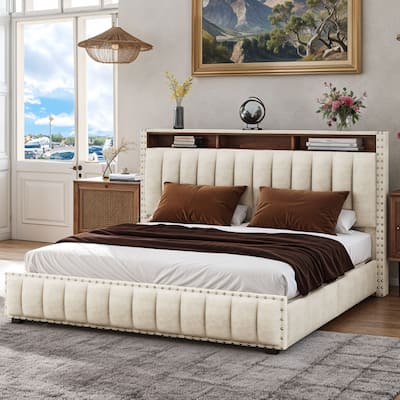 Moasis King Bed Upholstered Platform with Button-Tufted Frame