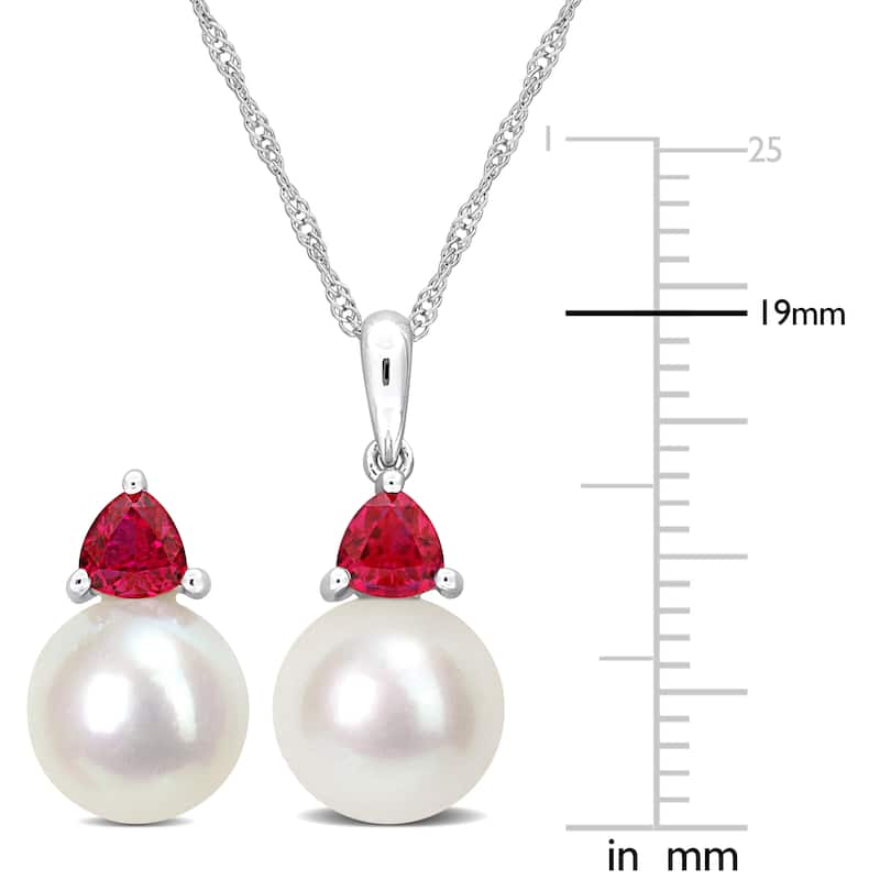 Miadora 8mm Cultured Freshwater Pearl 4/5ct TGW Created Ruby Jewelry Set 10k White Gold - 17 in