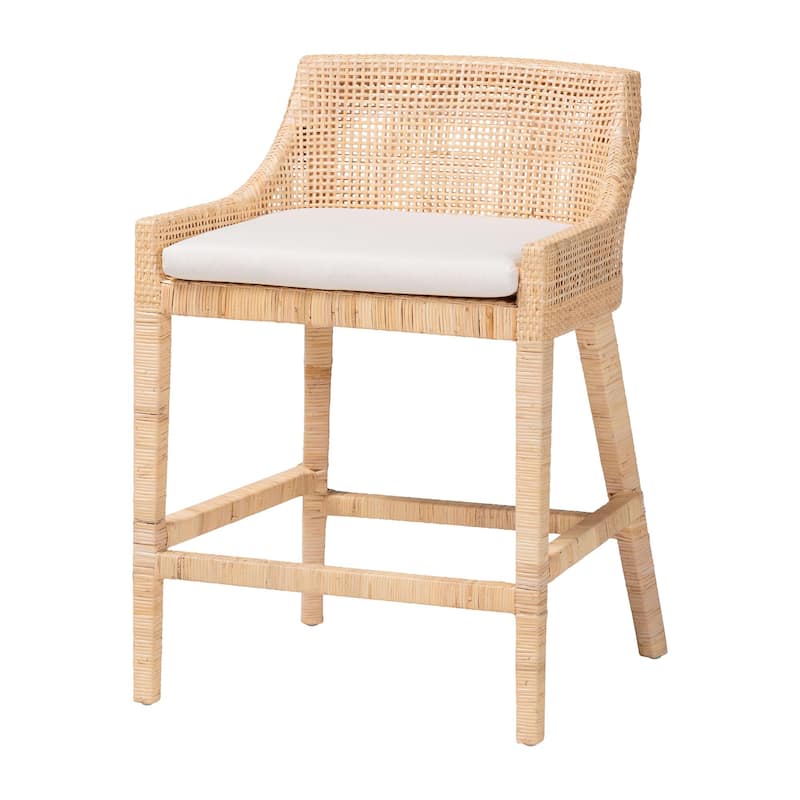 Beata Natural Rattan Counter Stool - Handcrafted Wingback Counter Chair with Removable Cushion, Coastal Boho Style - Light Honey
