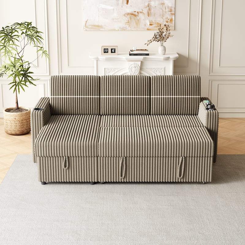 85"Corduroy Sofa Bed,3 Seater Sleeper Sofa with Storage Chaise,Square Handrail with Two Cup-holder Snd USB Charge Port