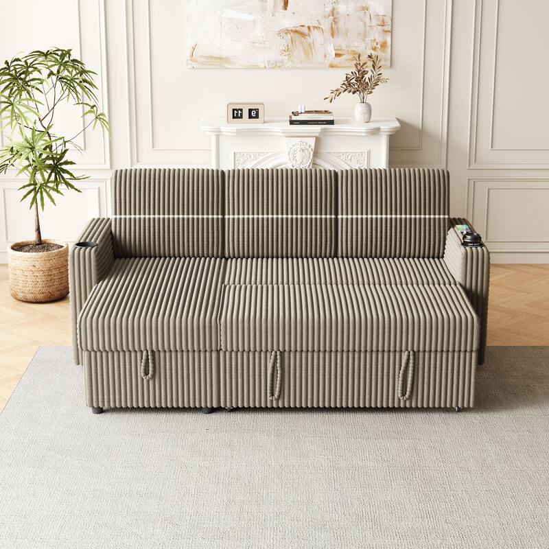 Corduroy Sleeper Sofa Bed with Storage Chaise, Dual Cup Holders, and USB Charging Port Convertible Couch for Living Room