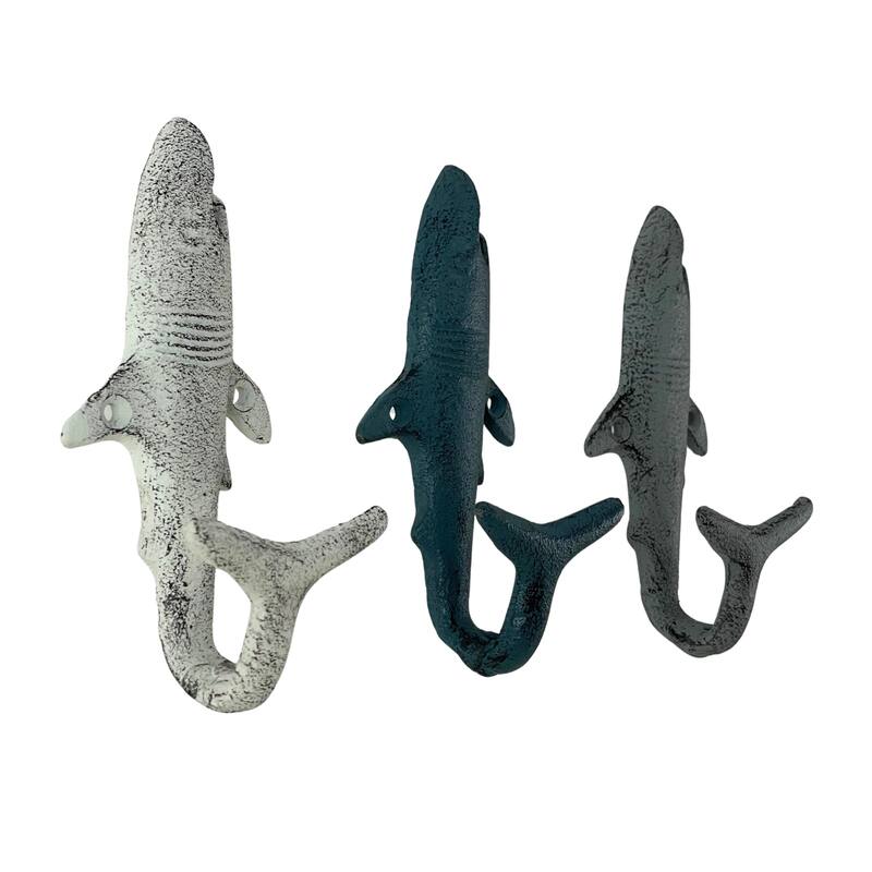 Set Of 3 Imitation Shark Wall Hooks In Blue, Gray, White Perfect For Nautical - 1.75 X 5.25 X 2.25 inches