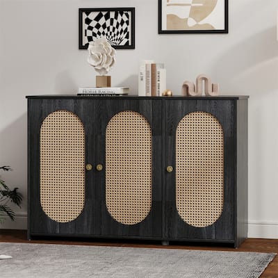 Retro 3-Door Sideboard with PVC Rattan Doors and Metal Handles, Buffet Cabinet Accent Storage Cabinet with Storage Shelves