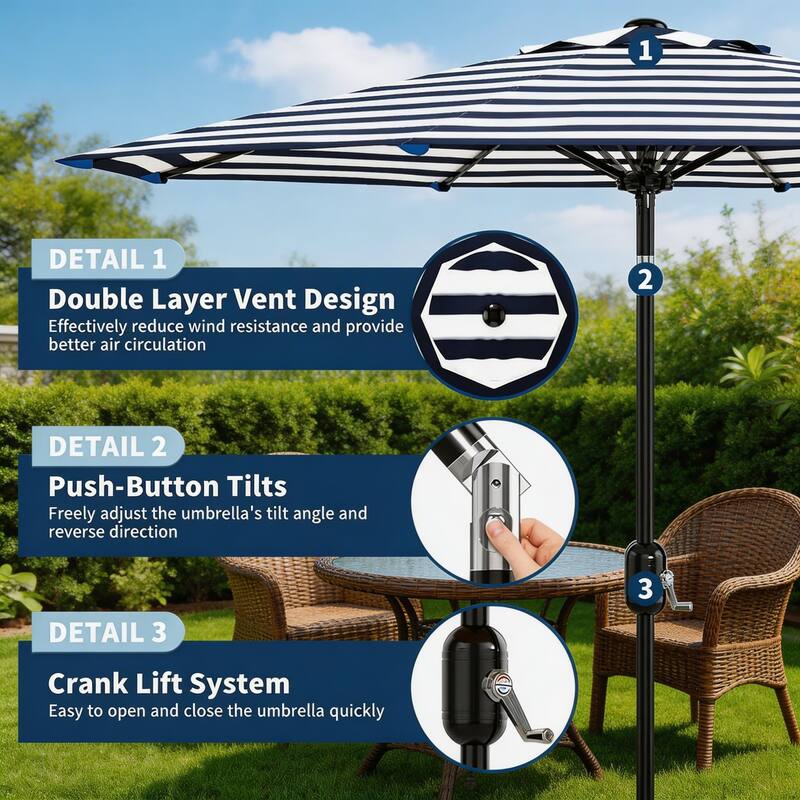 9 ft Patio Umbrella, with Crank Lift & Push Button Tilt, 8 Sturdy Ribs
