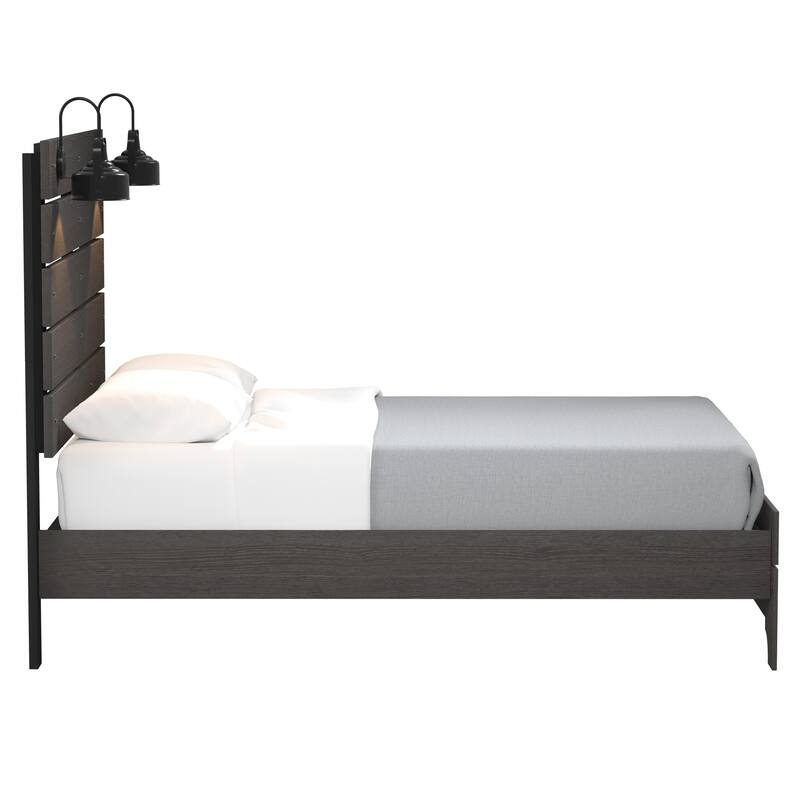 Farmhouse Queen Platform Bed in Stone Brown with Built-In LED Lighting and High Headboard, Easy Assembly