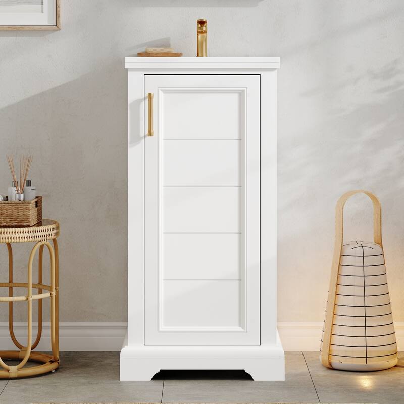 16" Small White Bathroom Vanity with Ceramic Sink, Freestanding Single Sink Bathroom Cabinet with Soft Closing Door - 16 Inch