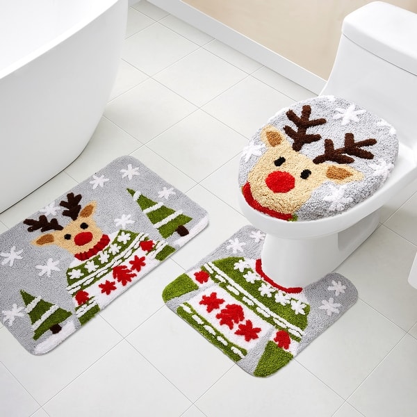 slide 1 of 4, VCNY Home Reindeer 3-Piece Holiday Bath Rug Set