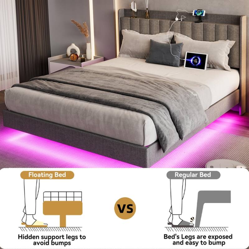 Floating Bed Frame with LED Lights, Upholstered Platform Bed Frame with Charging Station & Storage Headboard