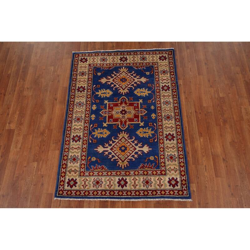 Blue Geometric Kazak Accent Rug Hand-Knotted Oriental Wool Carpet - 3'5" x 4'11"