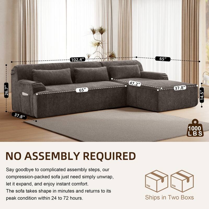 Rossetta Mnimalist Design L-Shape Chenille Sectional Oversized Sofa, Right Facing