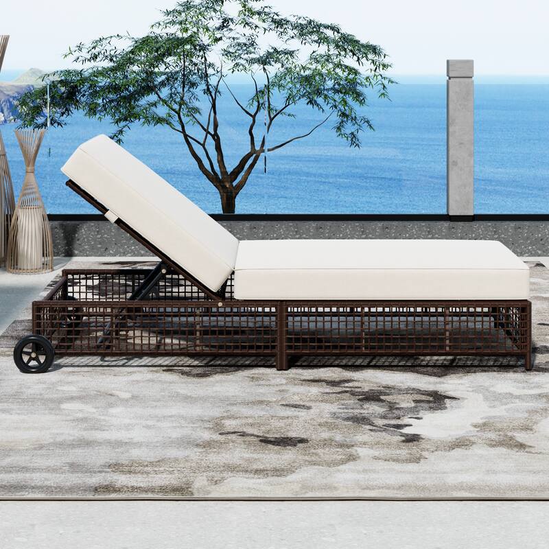 2 Pieces Outdoor Chaise Lounges Set for Poolside Garden, Adjustable Reclining Sun Lounger with Cushion & Wheels for 2 People