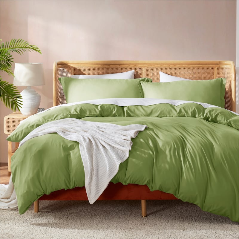 Nestl Ultra Soft Double Brushed Microfiber Duvet Cover Set with Button Closure - Calla Green - Queen