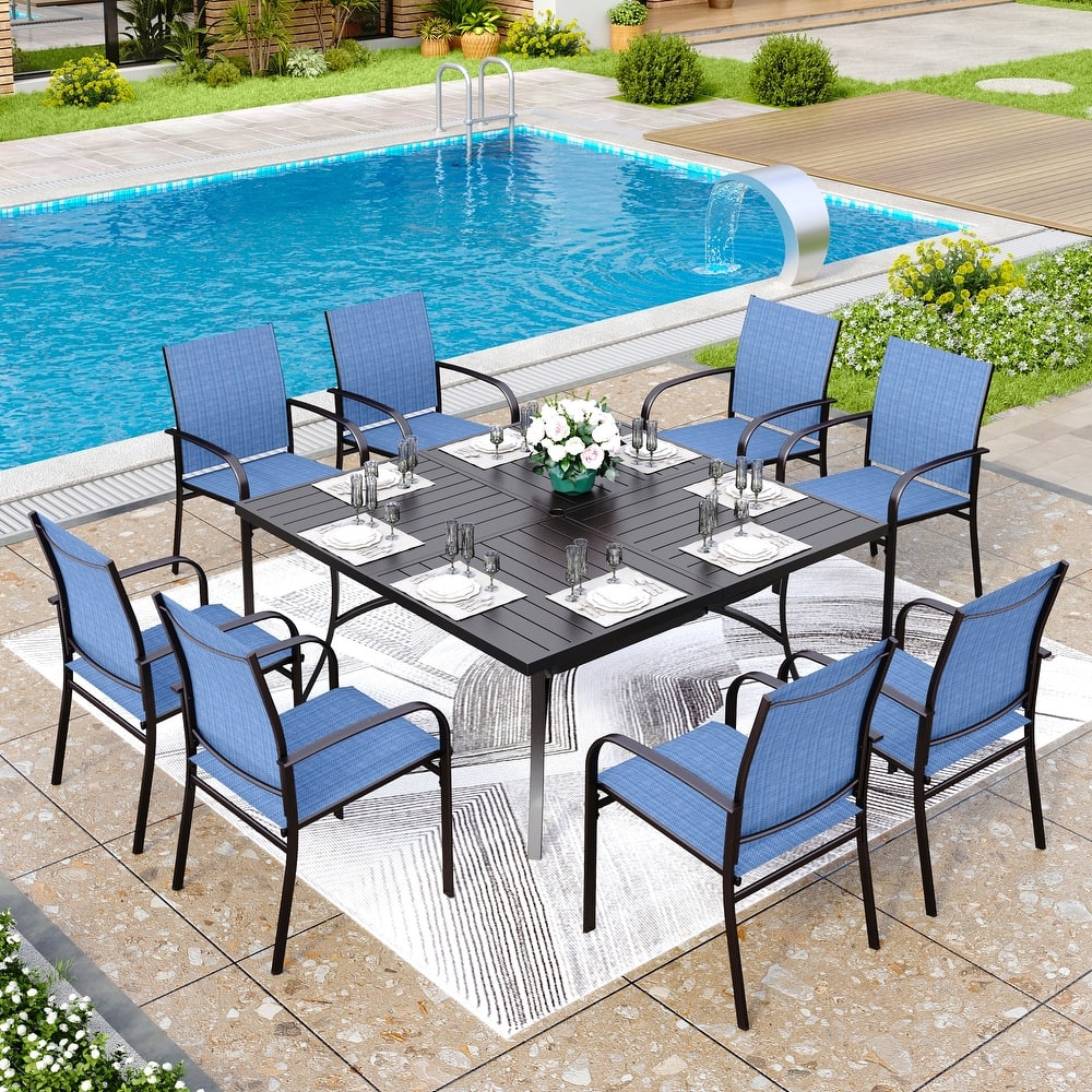 MAISON ARTS 9-Piece Patio Dining Set, 60 Inch Square Metal Table and 8 Textilene Dining Chairs