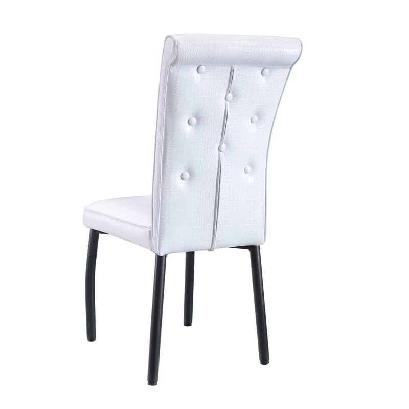 A set of 2 vintage crocodile leather cushioned dining chairs, featuring crystal clasp design and artificial leather design