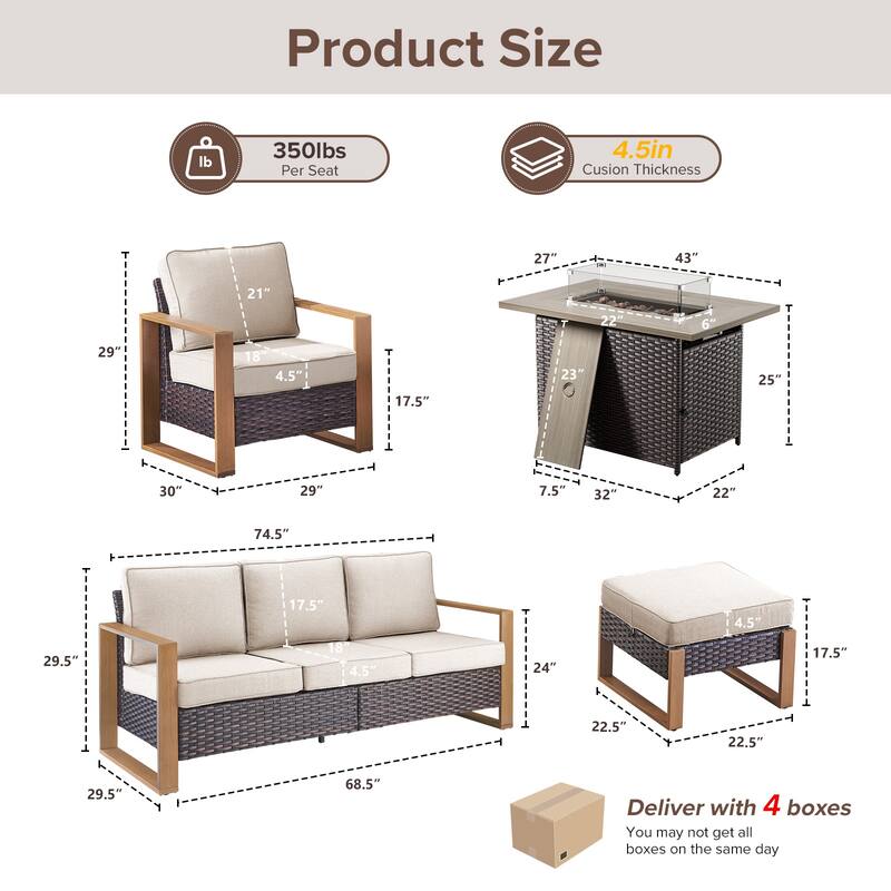 Meyreso Wicker Patio Conversation Set with Fire Pit Table & Olefin Cushions