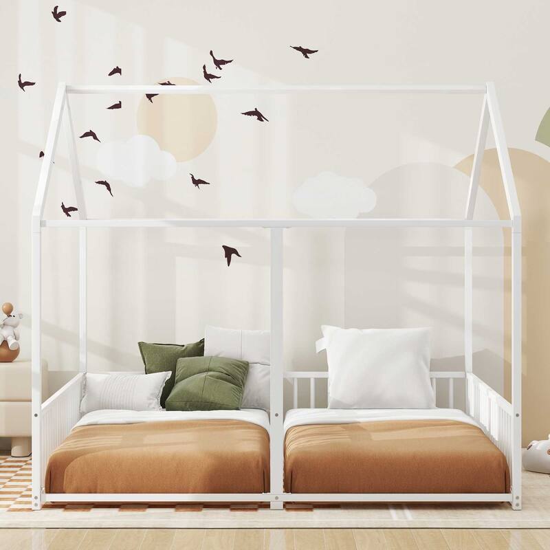 White Twin Size Metal House Platform Bed with Guardrails, Two Shared Beds
