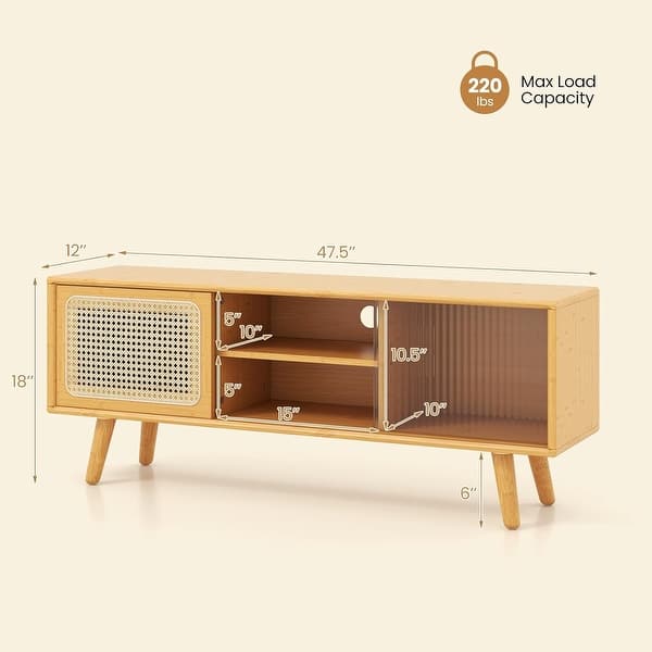 Bamboo 55" TV Media Console w/PE Rattan & Tempered Glass Sliding Doors