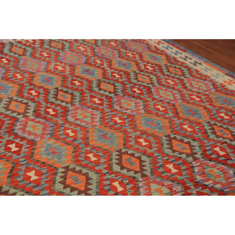 All-Over Orange Kilim Oriental Area Rug Hand-Woven Wool Carpet - 9'5"x 11'2"