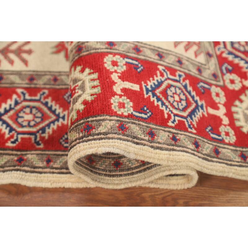 Geometric Kazak Accent Rug Hand-Knotted Beige Wool Carpet - 3'2" x 4'1"