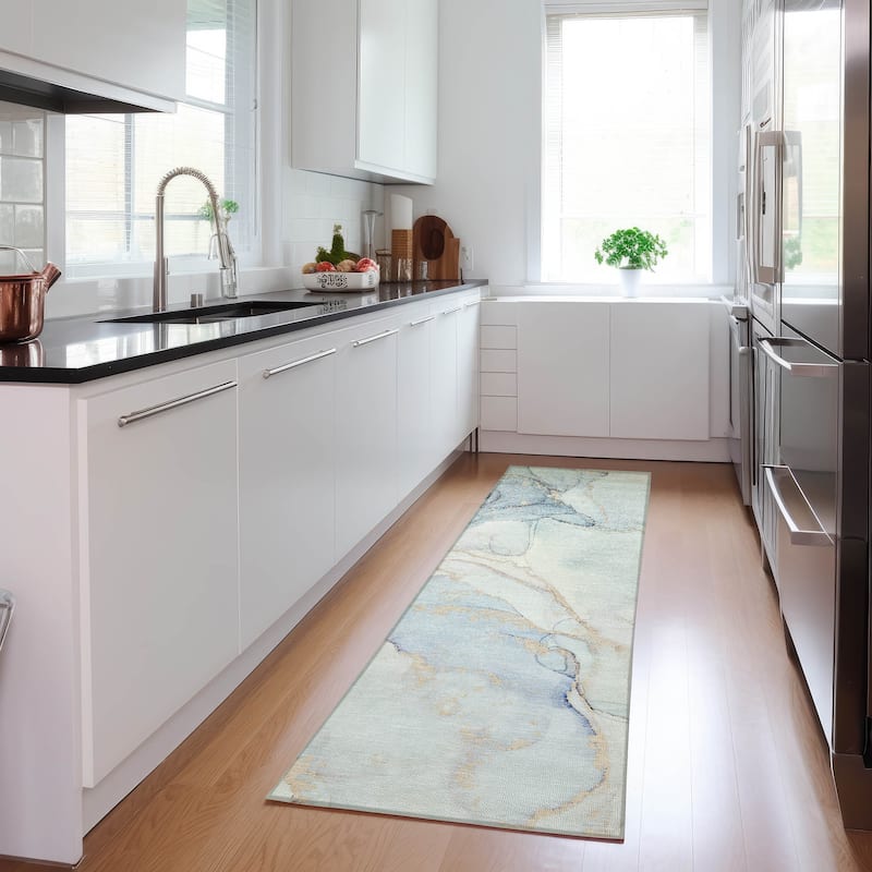 Machine Washable Indoor/ Outdoor Abstract Chantille Rug - 2'3" x 7'6" - Sky