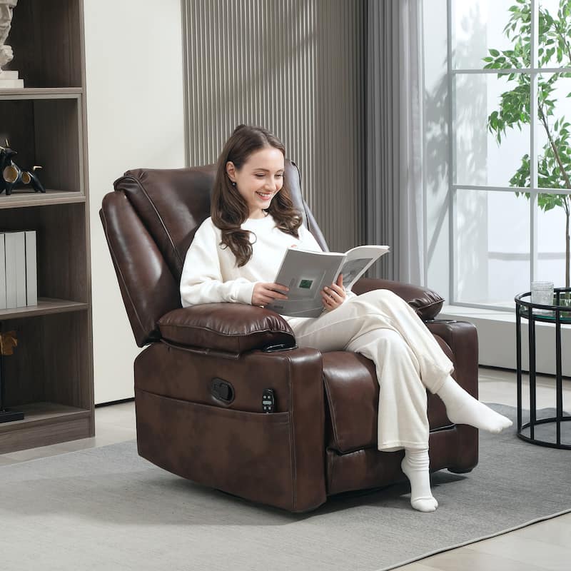 Brown PU Massage Swivel Recliner Chair with Lumbar Heating Rocking and 8 Vibration Modes
