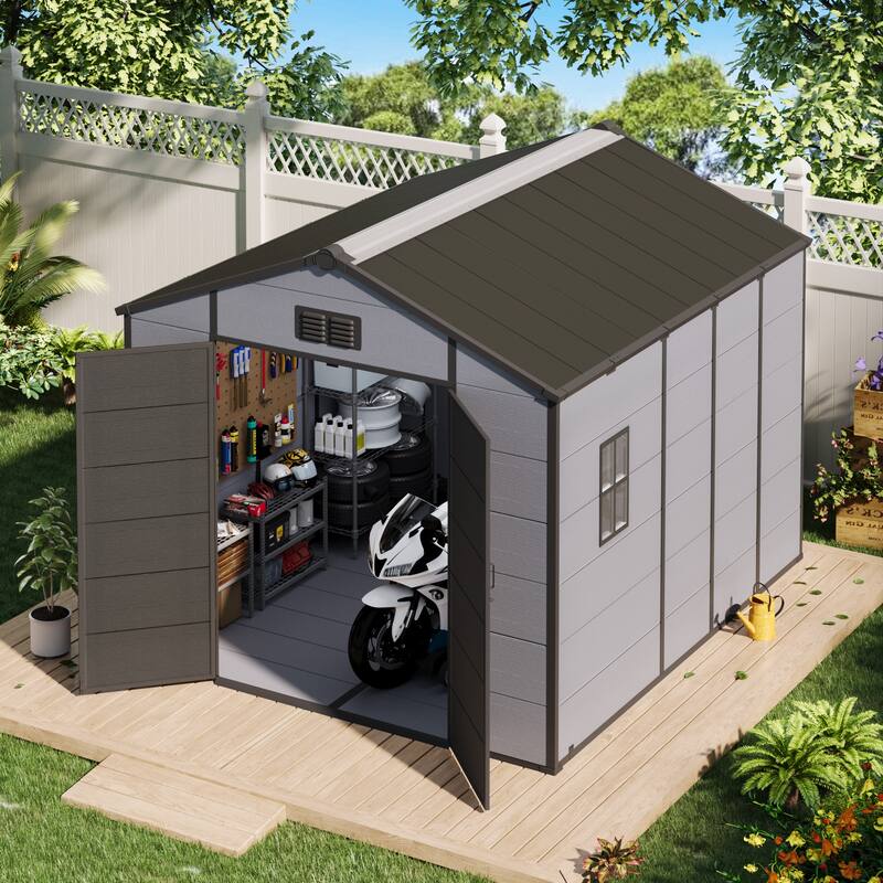 EROMMY Outdoor Storage Shed with Built-In Floor, Lockable Double Doors & Sloped Roof, Gray/Black