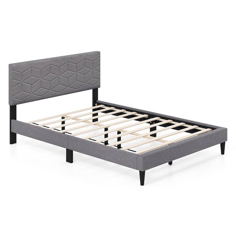 Grey Upholstered Bed Frame with Linen Headboard and Low-Profile Design Box-Spring-Free Setup - Full