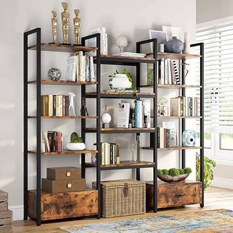 Triple Wide 5-Tier Bookshelf with 2 Drawers, Rustic Etagere Book Shelves Display Shelf for Home Office