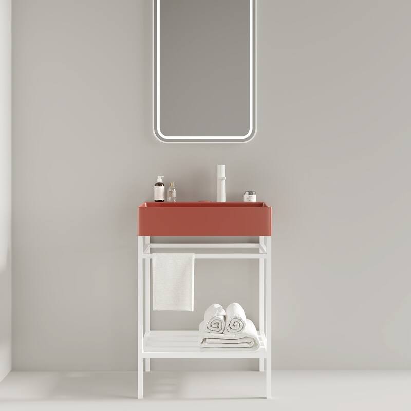24 inch Metal Freestanding Bathroom Vanity Set with Integrated Ceramic Sink - White+Red