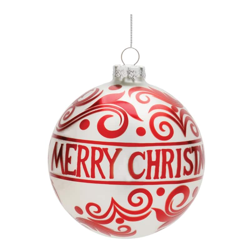 Matte Finish Glass "Merry Christmas" Ball Ornaments - 5" (130mm) - White and Red - 6ct