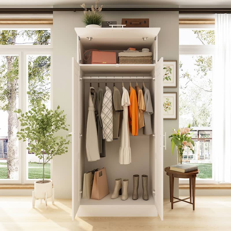 White Modern Entryway Storage Cabinet with Hooks and Hanging Rod