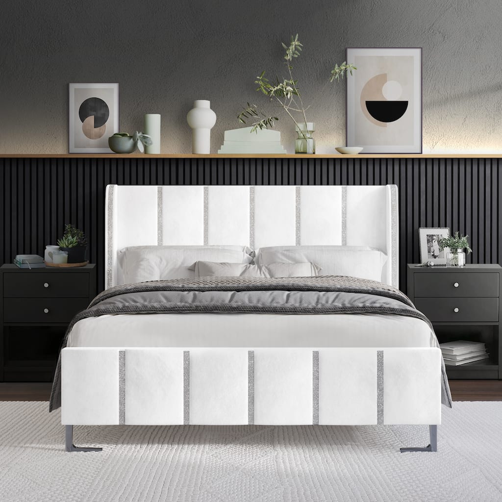 CraftPorch Luxurious Crystal Diamond Strip Velvet Upholstered Bed