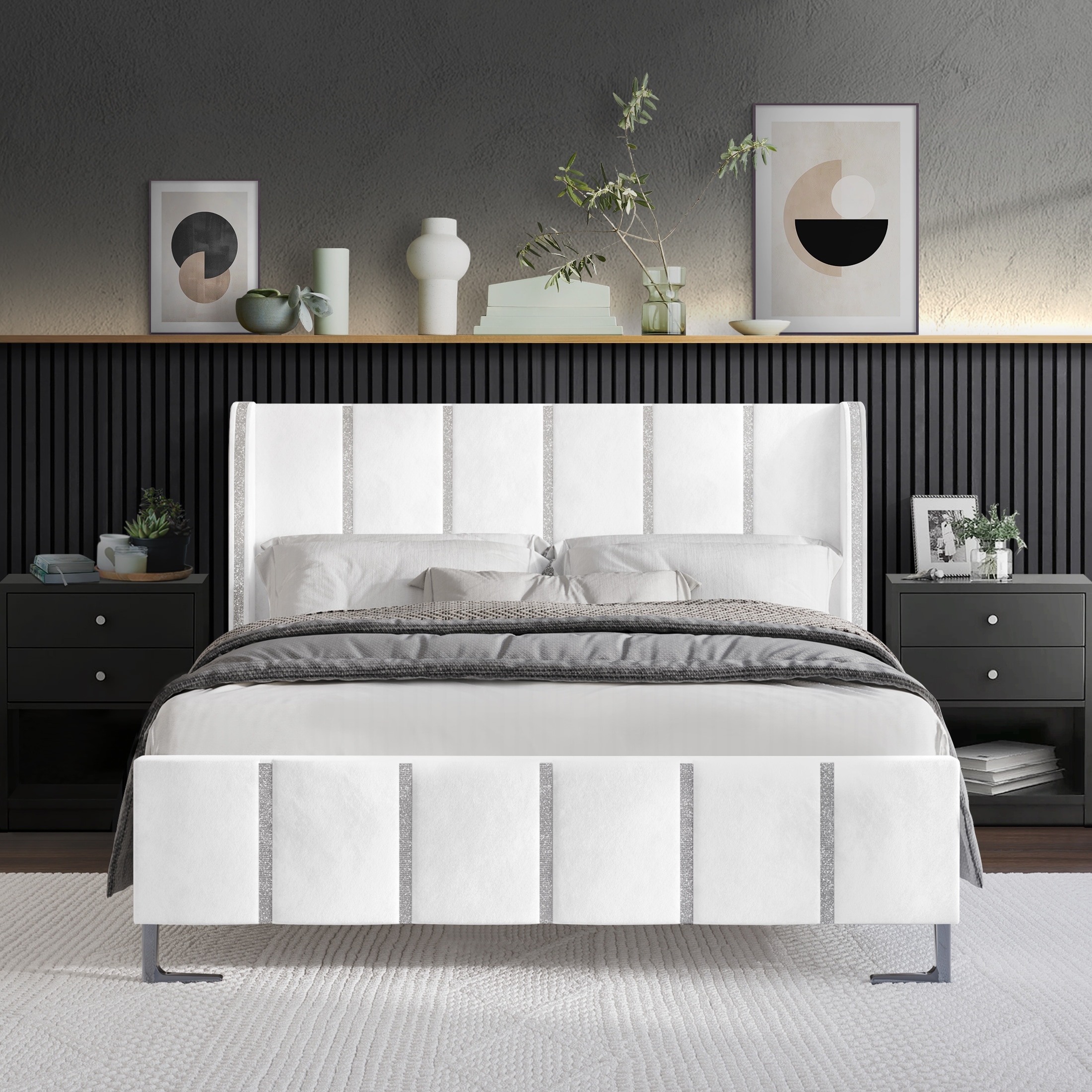 CraftPorch Luxurious Crystal Diamond Strip Velvet Upholstered Bed