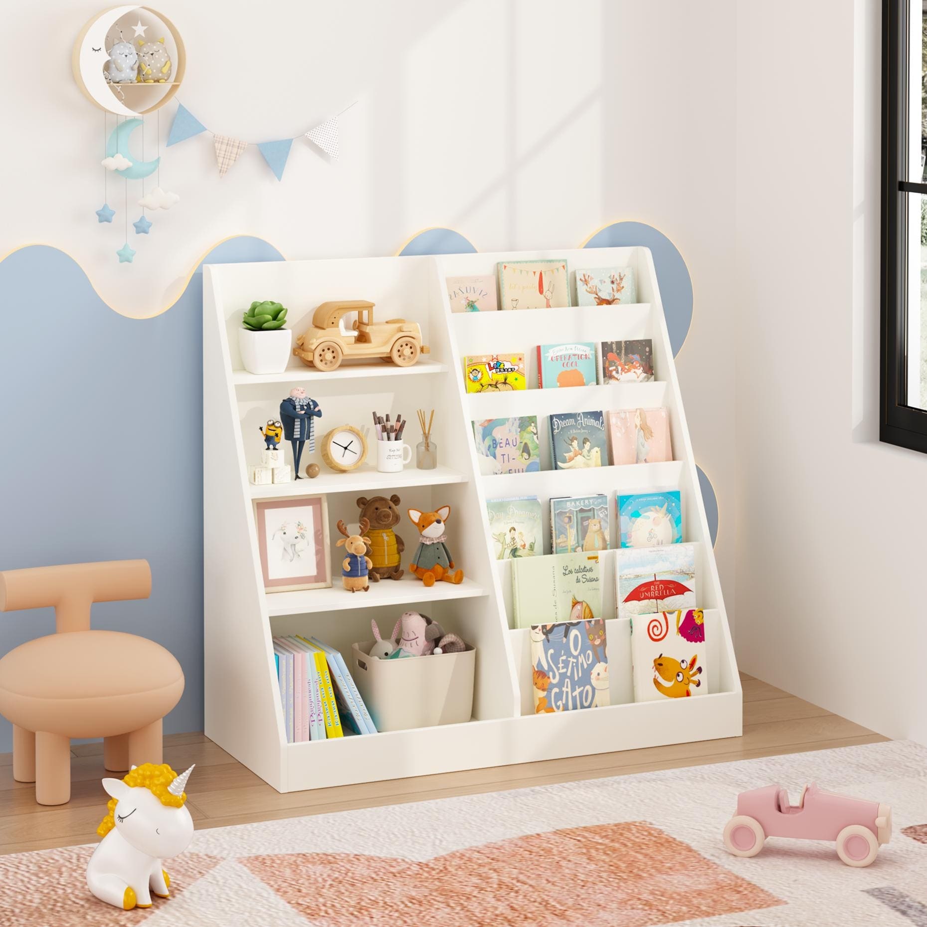 Kids Bookshelf Toy Storage Organizer 4 Tier Wooden Bookcase