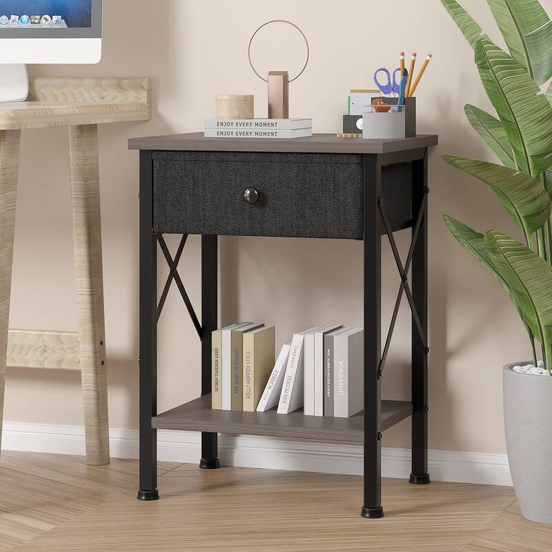 VECELO X Frame Nightstand with Removable Fabric Drawer Easy to Clean Nightstand Multifunctional End Table with Open Shelf - Grey