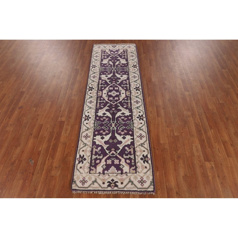 Purple & Ivory Oushak Indian Runner Rug Handmade Wool Carpet - 2'7"x 8'1"
